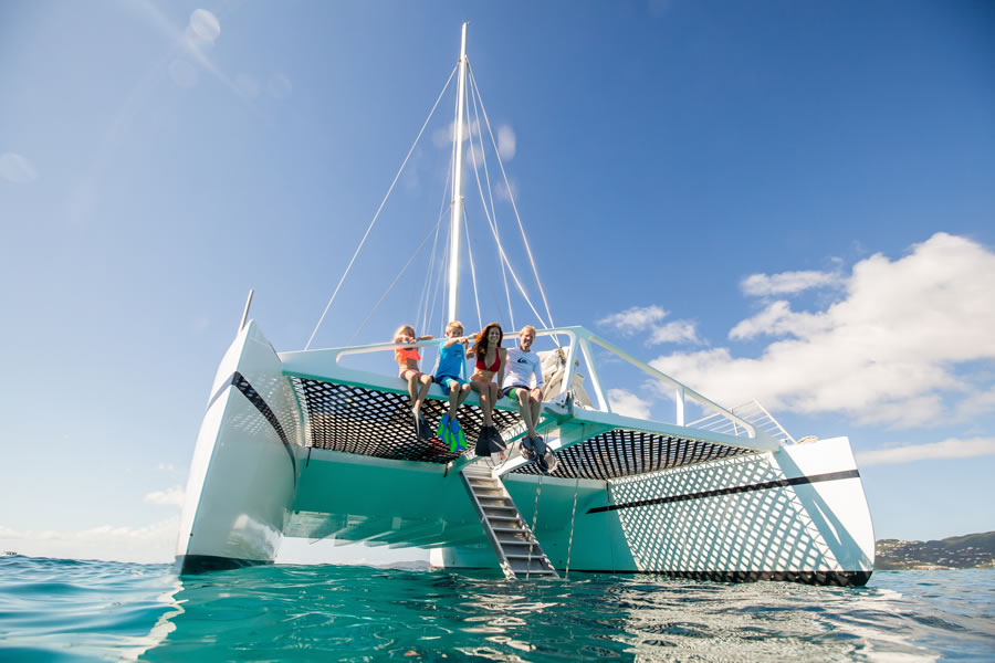 Guests sailing aboard The VI Cat catamaran in St. Thomas